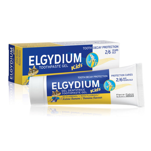 Elgydium Kids Banana (2-6 Years) Teething Paste (50ml / 1.69fl Oz): Fluorinol 500ppm, Red Fruits Flavor, Paraben Free, Easy to Use